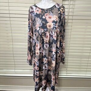 BOMBOM‎ Babydoll Dress Size Medium Gray Floral Long Sleeve Cottagecore USA Made